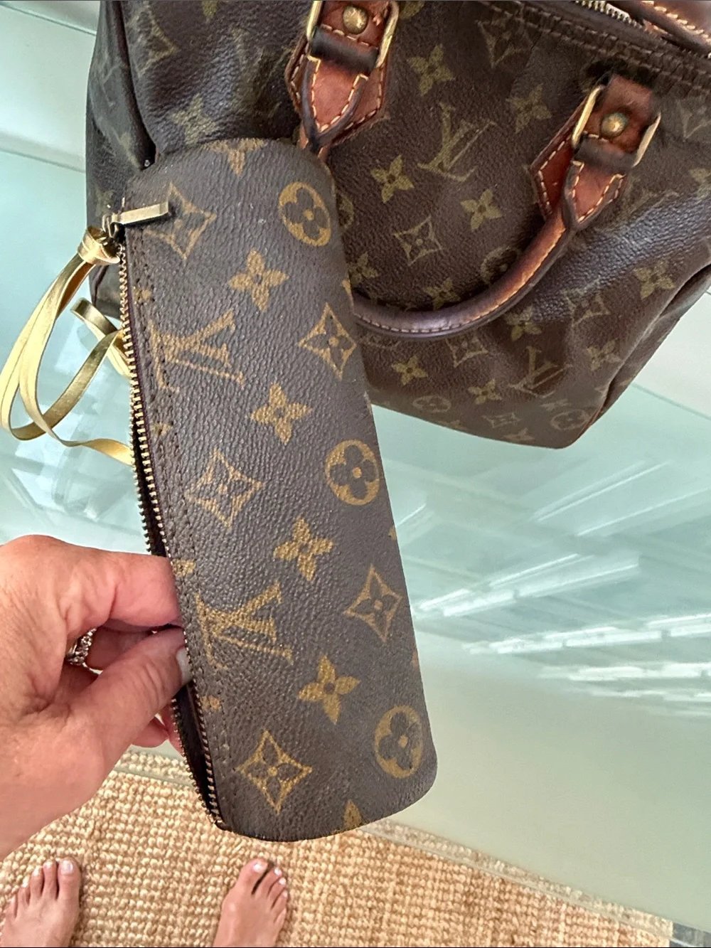 Louis Vuitton Brown Monogram Cosmetic Pouch with Gold Strap
